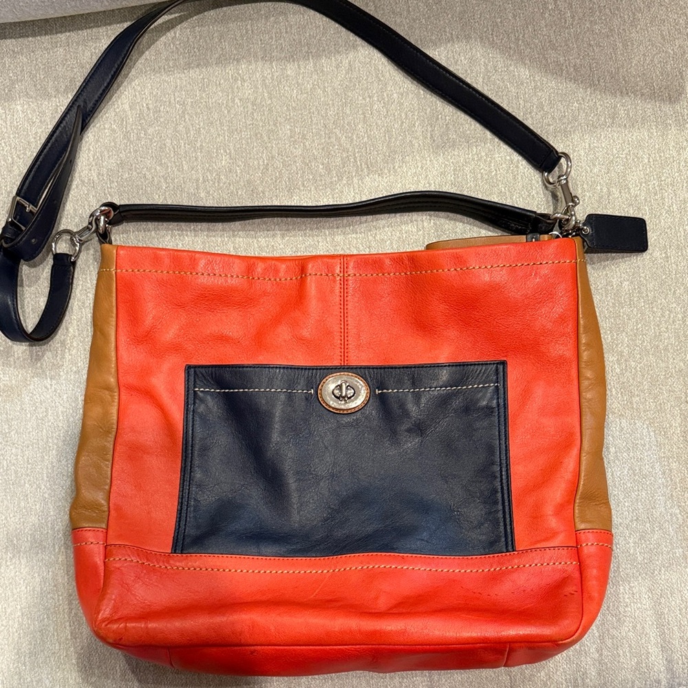 Stylish Coach Red and Navy Leather Shoulder Bag